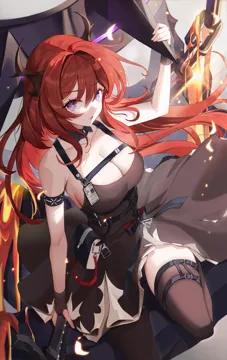 1girl arm_up bare_shoulders black_dress breasts brown_thighhighs chain cleavage collar collarbone dress grey_background hair_between_eyes hair_intakes holding horns large_breasts long_hair looking_at_viewer parted_lips purple_eyes red_hair solo spiked_collar spikes thighhighs very_long_hair nasol arknights surtr__arknights