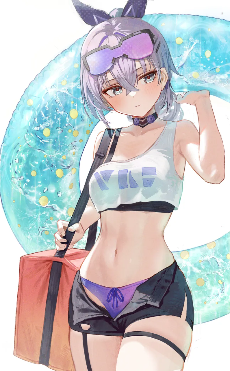1girl bare_shoulders bikini bikini_under_shorts black_choker black_shorts bra_strap breasts choker cowboy_shot crop_top crossed_bangs grey_eyes grey_hair hair_ribbon head_tilt innertube long_hair looking_at_viewer midriff navel open_fly purple_bikini ribbon shirt short_shorts shorts simple_background single_shoulder_shirt small_breasts solo standing stomach swim_ring swimsuit thigh_strap thighs white_background white_shirt hidulume honkai__star_rail honkai__series silver_wolf__honkai__star_rail