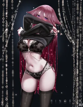 1girl black_bra black_panties black_thighhighs blush bra breasts earrings fingernails frilled_bra frills hands_up heart heart_shaped_pupils jewelry large_breasts like_and_retweet long_hair long_sleeves looking_at_viewer nail_polish navel panties pink_hair purple_eyes solo standing stomach symbol_shaped_pupils thighhighs thighs twitter_strip_game underwear undressing very_long_hair ringeko_chan genshin_impact yae_miko
