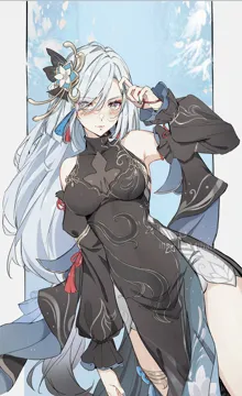 1girl black_dress blush breasts cowboy_shot detached_sleeves dress grey_eyes grey_hair hair_ornament long_hair long_sleeves looking_at_viewer medium_breasts sleeveless sleeveless_dress solo standing thighs very_long_hair mihan__mihan_art genshin_impact shenhe__frostflower_dew__genshin_impact shenhe__genshin_impact