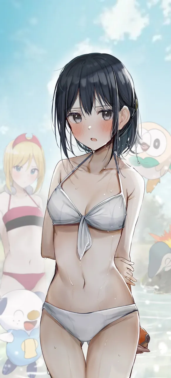2girls akari__pokemon alternate_costume alternate_hairstyle arms_behind_back ass_visible_through_thighs bikini black_eyes black_hair blonde_hair blue_eyes blue_sky blush breasts cleavage closed_mouth cloud collarbone cyndaquil day front_tie_bikini_top front_tie_top grey_eyes hair_between_eyes hairband holding holding_poke_ball irida__pokemon jewelry long_hair looking_at_viewer multiple_girls navel neck_ring open_mouth oshawott outdoors poke_ball poke_ball__legends pokemon pokemon__creature pokemon_legends__arceus pov red_bikini red_hairband rouka__akatyann rowlet short_hair sky small_breasts solo_focus stomach swimsuit thigh_gap water wet wet_hair white_bikini