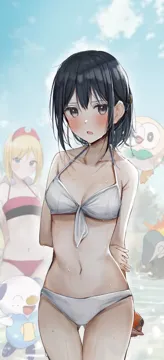 2girls akari__pokemon alternate_costume alternate_hairstyle arms_behind_back ass_visible_through_thighs bikini black_eyes black_hair blonde_hair blue_eyes blue_sky blush breasts cleavage closed_mouth cloud collarbone cyndaquil day front_tie_bikini_top front_tie_top grey_eyes hair_between_eyes hairband holding holding_poke_ball irida__pokemon jewelry long_hair looking_at_viewer multiple_girls navel neck_ring open_mouth oshawott outdoors poke_ball poke_ball__legends pokemon pokemon__creature pokemon_legends__arceus pov red_bikini red_hairband rouka__akatyann rowlet short_hair sky small_breasts solo_focus stomach swimsuit thigh_gap water wet wet_hair white_bikini