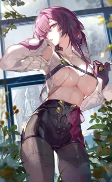 1girl akizero1510 ass_visible_through_thighs bare_shoulders black_shorts breasts brown_pantyhose chest_harness cleavage clothing_cutout collared_shirt cowboy_shot greenhouse hand_up harness head_tilt high_waist_shorts hip_vent honkai__series honkai__star_rail kafka__honkai__star_rail large_breasts long_hair long_sleeves looking_at_viewer no_bra no_eyewear open_clothes open_mouth open_shirt pantyhose pantyhose_under_shorts plant purple_hair shirt short_shorts shorts shoulder_cutout sideways_glance sideways_mouth solo standing turning_head wet white_shirt