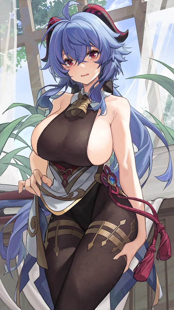1girl ahoge bare_arms bell black_leotard black_pantyhose blue_hair blue_sky book breasts catsmoon clothes_lift cowbell crossed_bangs curtains detached_collar embarrassed ganyu__genshin_impact genshin_impact goat_horns hair_between_eyes horns large_breasts leotard leotard_under_clothes lifting_own_clothes light_blush long_hair no_gloves open_mouth pantyhose pelvic_curtain pelvic_curtain_lift sideboob sky sleeveless solo tree vision__genshin_impact window
