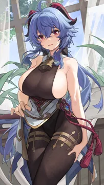 1girl ahoge bare_arms bell black_leotard black_pantyhose blue_hair blue_sky book breasts catsmoon clothes_lift cowbell crossed_bangs curtains detached_collar embarrassed ganyu__genshin_impact genshin_impact goat_horns hair_between_eyes horns large_breasts leotard leotard_under_clothes lifting_own_clothes light_blush long_hair no_gloves open_mouth pantyhose pelvic_curtain pelvic_curtain_lift sideboob sky sleeveless solo tree vision__genshin_impact window