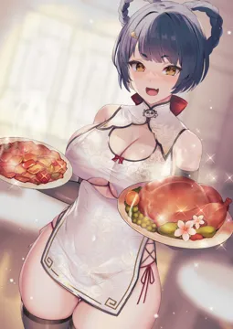 1girl alternate_breast_size alternate_costume bare_shoulders bikini bikini_under_clothes black_thighhighs blue_hair blurry blurry_background blush braid braided_hair_rings breasts china_dress chinese_clothes cleavage cleavage_cutout clothing_cutout covered_navel cowboy_shot cross_laced_clothes dress dutch_angle elbow_gloves fang food fruit genshin_impact gloves hair_rings holding holding_plate large_breasts looking_at_viewer matsumoto_mitsuaki meat open_mouth panties panty_straps plate red_panties short_dress short_hair side_tie_panties sideboob sidelocks skin_fang smile solo sparkle standing sweet_madame__genshin_impact swimsuit thick_eyebrows thighhighs thighs twin_braids underboob underboob_cutout underwear white_dress xiangling__genshin_impact yellow_eyes