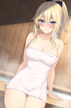 1girl arm_support bath blonde_hair blue_eyes blush bow breasts cleavage genshin_impact hair_bow hanpenmaru jean__genshin_impact large_breasts long_hair looking_at_viewer naked_towel ofuro ponytail smile solo steam towel water