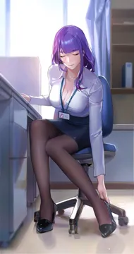 1girl adjusting_footwear black_footwear blurry breasts chair cleavage closed_eyes closed_mouth collarbone collared_shirt desk genshin_impact high_heels id_card indoors lanyard large_breasts legs limart long_hair office office_chair office_lady on_chair open_clothes open_shirt pantyhose pencil_skirt purple_hair raiden_shogun shirt sitting skirt solo swivel_chair white_shirt window