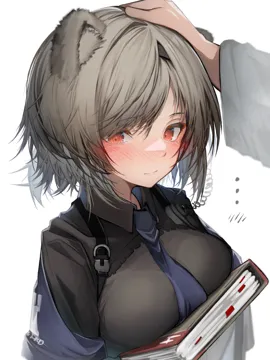 1girl 1other animal_ears bear_ears black_necktie black_shirt blush book breast_hold breasts closed_mouth collared_shirt grey_hair headpat hug hugging_object long_sleeves looking_away looking_to_the_side medium_breasts necktie nose_blush red_eyes rhodes_island_logo__arknights shirt short_hair simple_background smile solo_focus swept_bangs upper_body white_background tab_head arknights absinthe__arknights
