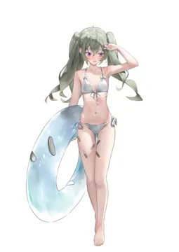 1girl bare_shoulders barefoot bikini grey_hair holding holding_swim_ring innertube long_hair navel parted_lips purple_eyes scar scar_on_shoulder side_tie_bikini_bottom simple_background solo stomach swim_ring swimsuit thighs twintails very_long_hair white_background white_bikini yawww__yawwwart zenless_zone_zero corin_wickes__zenless_zone_zero