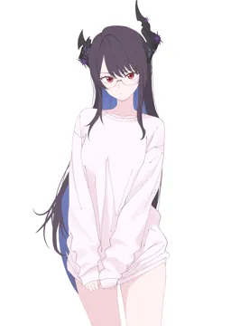 1girl alternate_costume asymmetrical_horns bespectacled black_framed_eyewear black_hair blue_hair breasts closed_mouth collarbone colored_inner_hair contrapposto cowboy_shot demon_horns glasses head_tilt horns large_breasts light_frown long_hair long_sleeves looking_at_viewer mole mole_under_eye multicolored_hair parted_bangs red_eyes semi_rimless_eyewear shirt shirt_tug sidelocks simple_background sleeves_past_wrists solo thick_eyelashes under_rim_eyewear uneven_horns very_long_hair virtual_youtuber white_background white_shirt ogossi hololive hololive_english nerissa_ravencroft__hololive