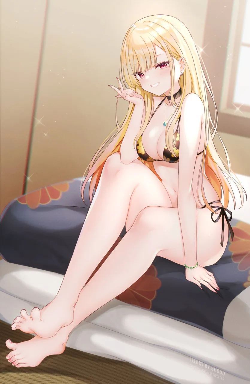 1girl barbell_piercing bare_legs barefoot bikini black_bikini black_choker blonde_hair breasts choker ear_piercing feet floral_print full_body grin halterneck hand_up indoors jewelry kitagawa_marin legs long_hair looking_at_viewer medium_breasts multi_strapped_bikini_bottom nail_polish navel necklace piercing print_bikini red_eyes shouu_kun side_tie_bikini_bottom sidelocks sitting smile solo sono_bisque_doll_wa_koi_wo_suru stomach string_bikini swimsuit thighs toenail_polish toenails toes