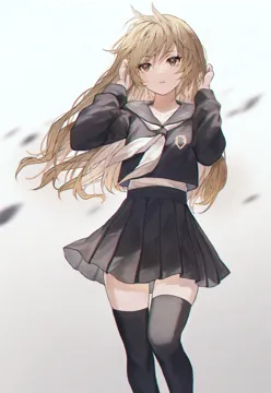 1girl adjusting_hair black_sailor_collar black_serafuku black_shirt black_skirt black_thighhighs blonde_hair brown_eyes feet_out_of_frame hand_in_own_hair hands_in_hair hands_up long_hair long_sleeves looking_at_viewer medium_skirt midriff_peek neckerchief no_dickey official_alternate_costume parted_lips pleated_skirt sailor_collar school_uniform serafuku shirt skirt solo standing thighhighs very_long_hair white_neckerchief zettai_ryouiki mada__shizhou toradora aisaka_taiga__toradora