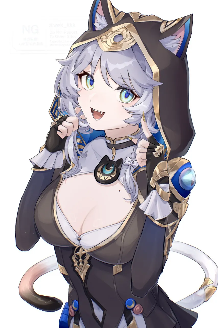 1girl animal_ears animal_hood black_gloves blue_eyes breasts cat_ears cat_girl cat_hood cat_tail cleavage fangs fingerless_gloves gloves grey_hair hood mole mole_on_breast open_mouth short_hair_with_long_locks simple_background solo tail upper_body white_background suwa__swk_kkk honkai__star_rail honkai__series cipher__honkai__star_rail