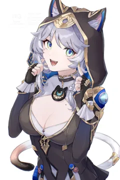 1girl animal_ears animal_hood black_gloves blue_eyes breasts cat_ears cat_girl cat_hood cat_tail cleavage fangs fingerless_gloves gloves grey_hair hood mole mole_on_breast open_mouth short_hair_with_long_locks simple_background solo tail upper_body white_background suwa__swk_kkk honkai__star_rail honkai__series cipher__honkai__star_rail