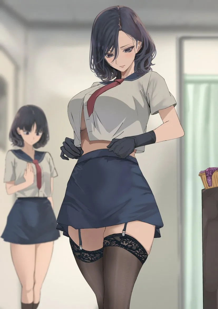 2girls art_teacher__kesoshirou black_eyes black_gloves black_hair black_socks black_thighhighs breast_conscious breast_envy breasts garter_straps gloves grey_skirt hair_between_eyes hand_on_own_chest indoors infirmary kesoshirou kneehighs lace lace_trim lace_trimmed_thighhighs large_breasts lingerie looking_down medium_hair midriff multiple_girls necktie parted_bangs privacy_screen red_necktie school_uniform serafuku shirt short_sleeves siblings sisters skindentation skirt socks standing thighhighs thighs undersized_clothes underwear white_shirt