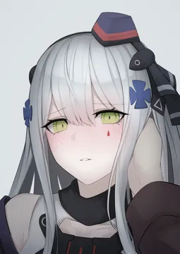 1boy 1girl blush green_eyes grey_hair hair_ornament hair_ribbon hairband hairclip hand_in_another_s_hair hat holding holding_own_hair long_hair looking_at_viewer mini_hat nose_blush open_mouth ribbon tactical_clothes tattoo teardrop_facial_mark teardrop_tattoo upper_body white_background re1kirisaki342 girls__frontline hk416__girls__frontline hk416__mod3__girls__frontline