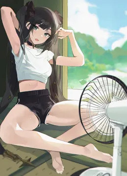 1girl alternate_costume arm_behind_head armpits arms_up bare_legs barefoot black_choker black_hair breasts buri__retty9349 casual choker crop_top doorway electric_fan genshin_impact green_eyes hot legs long_hair looking_at_viewer medium_breasts midriff mona__genshin_impact on_floor open_mouth shirt short_shorts shorts sitting solo sweat t_shirt thighs twintails very_long_hair white_shirt