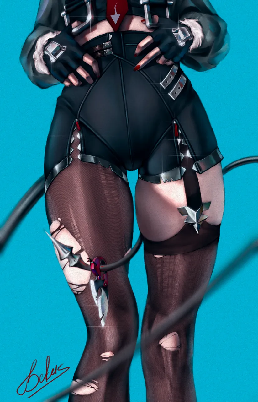 1girl aqua_background black_gloves black_pantyhose black_shorts black_thighhighs fingerless_gloves fur_trimmed_sleeves fur_trim gloves green_jacket high_waist_shorts jacket leg_focus midriff nail_polish necktie pantyhose red_nails red_necktie shorts signature single_leg_pantyhose single_thighhigh skindentation solo tail thighhighs torn_clothes torn_pantyhose torn_thighhighs bekus zenless_zone_zero jane_doe__zenless_zone_zero