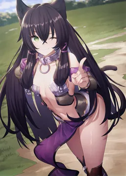 1girl animal_ears arched_back armor bare_shoulders black_hair blush cat_ears cat_girl cat_tail collar day fang flat_chest green_eyes hair_between_eyes hand_on_own_hip ibuki_notsu index_finger_raised isekai_maou_to_shoukan_shoujo_no_dorei_majutsu kneehighs long_hair looking_at_viewer metal_collar midriff navel one_eye_closed outdoors over_kneehighs pelvic_curtain rem_galeu revealing_clothes skin_fang smile socks solo standing stomach tail thighhighs thighs very_long_hair
