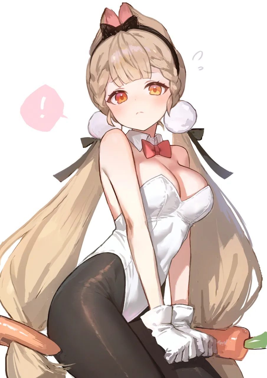 1girl alternate_costume animal_ears bare_shoulders black_pantyhose blonde_hair bow bowtie breasts cleavage closed_mouth detached_collar flying_sweatdrops gloves heterochromia leotard long_hair looking_at_viewer low_twintails medium_breasts pantyhose pink_bow pink_bowtie playboy_bunny rabbit_ears rabbit_girl simple_background solo sphere_hair_ornament spoken_exclamation_mark strapless strapless_leotard twintails very_long_hair white_background white_gloves white_leotard adelie_cat zenless_zone_zero alice_thymefield