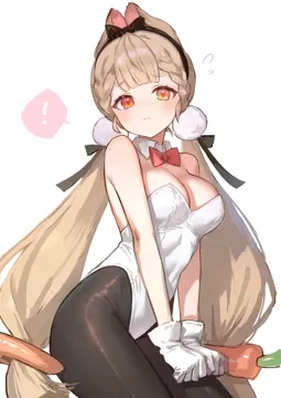 1girl alternate_costume animal_ears bare_shoulders black_pantyhose blonde_hair bow bowtie breasts cleavage closed_mouth detached_collar flying_sweatdrops gloves heterochromia leotard long_hair looking_at_viewer low_twintails medium_breasts pantyhose pink_bow pink_bowtie playboy_bunny rabbit_ears rabbit_girl simple_background solo sphere_hair_ornament spoken_exclamation_mark strapless strapless_leotard twintails very_long_hair white_background white_gloves white_leotard adelie_cat zenless_zone_zero alice_thymefield
