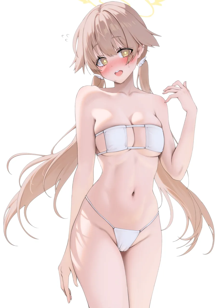 1girl alternate_costume bare_arms bare_legs bare_shoulders bikini blush breasts brown_hair collarbone cowboy_shot eyepatch_bikini groin halo long_hair looking_at_viewer low_twintails medium_breasts navel open_mouth simple_background solo stomach swimsuit teeth twintails upper_teeth_only white_background white_bikini yampa yellow_eyes yellow_halo blue_archive hifumi__blue_archive