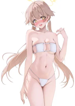 1girl alternate_costume bare_arms bare_legs bare_shoulders bikini blush breasts brown_hair collarbone cowboy_shot eyepatch_bikini groin halo long_hair looking_at_viewer low_twintails medium_breasts navel open_mouth simple_background solo stomach swimsuit teeth twintails upper_teeth_only white_background white_bikini yampa yellow_eyes yellow_halo blue_archive hifumi__blue_archive