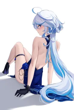 1girl ahoge alternate_costume arm_support back backless_dress backless_outfit bare_arms bare_back bare_legs bare_shoulders black_footwear black_gloves blue_dress chain colored_shoe_soles dress dress_flower earrings evening_gown feint721 floating_earring flower from_behind full_body furina__genshin_impact genshin_impact gloves gold_chain high_heels jewelry knees_up leaning_back legs_together long_hair looking_at_viewer looking_back no_headwear pelvic_curtain profile shoe_soles side_slit simple_background sitting sleeveless sleeveless_dress solo thigh_strap thighs very_long_hair white_background