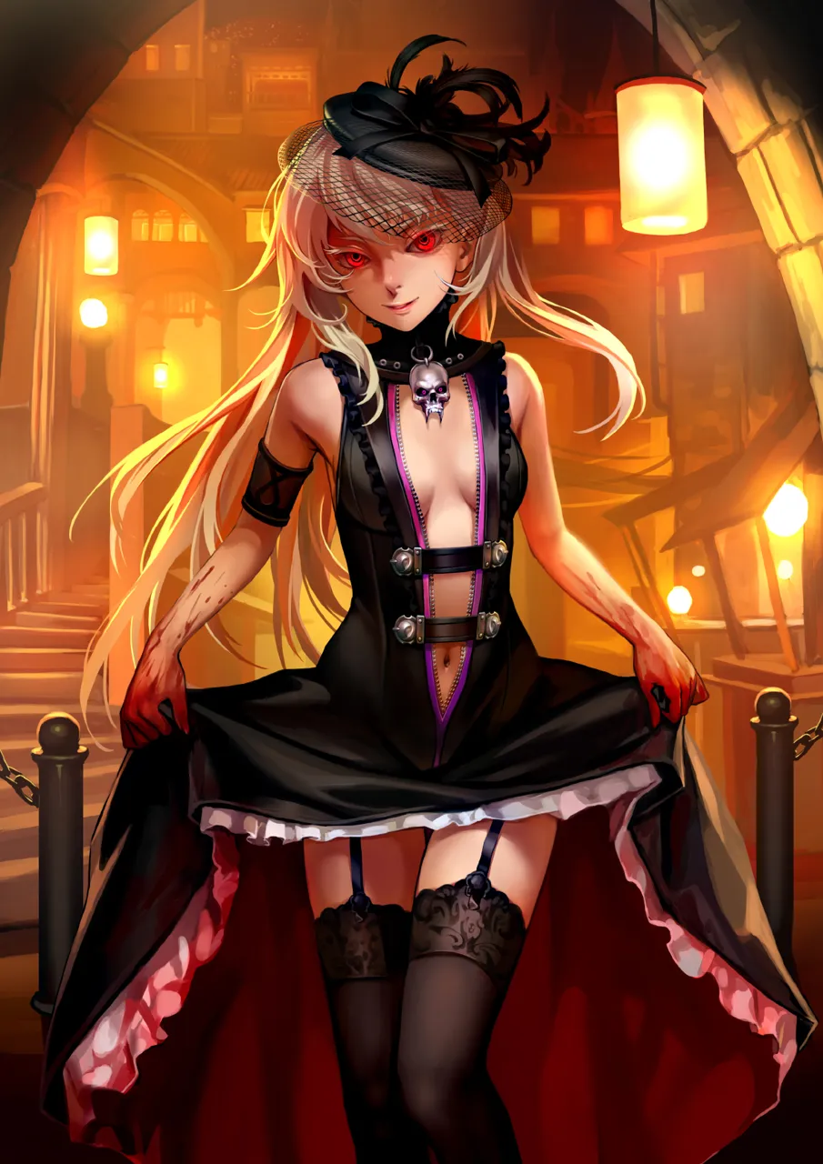 1girl black_dress black_thighhighs blonde_hair blood blood_on_hands breasts dress garter_straps glowing glowing_eyes hat long_hair looking_at_viewer navel red_eyes skull sleeveless sleeveless_dress small_breasts smile solo thighhighs unzipped vampire zipper as109