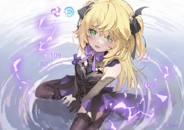 1girl black_pantyhose black_thighhighs blonde_hair blurry damage_numbers depth_of_field electricity fishnets garter_straps gloves green_eyes hair_ornament hair_ribbon long_hair looking_at_viewer no_eyepatch open_mouth pantyhose ribbon ripples single_glove single_leg_pantyhose single_thighhigh sitting sitting_on_water solo tears thighhighs twitter_username two_side_up water wing_hair_ornament wings yukiri__l_ii genshin_impact fischl__genshin_impact