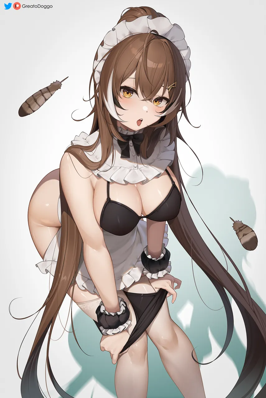 1girl ahoge alternate_costume apron artist_name black_panties blush breasts brown_eyes brown_hair cleavage dress feathers frills greatodoggo hololive hololive_english large_breasts long_hair looking_at_viewer maid maid_apron maid_headdress multicolored_hair nanashi_mumei open_mouth panties panty_pull patreon_logo patreon_username pulling_own_clothes solo streaked_hair thighhighs thighs tongue tongue_out twitter_logo twitter_username underwear undressing very_long_hair virtual_youtuber white_apron