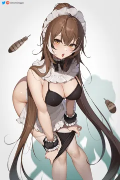 1girl ahoge alternate_costume apron artist_name black_panties blush breasts brown_eyes brown_hair cleavage dress feathers frills greatodoggo hololive hololive_english large_breasts long_hair looking_at_viewer maid maid_apron maid_headdress multicolored_hair nanashi_mumei open_mouth panties panty_pull patreon_logo patreon_username pulling_own_clothes solo streaked_hair thighhighs thighs tongue tongue_out twitter_logo twitter_username underwear undressing very_long_hair virtual_youtuber white_apron