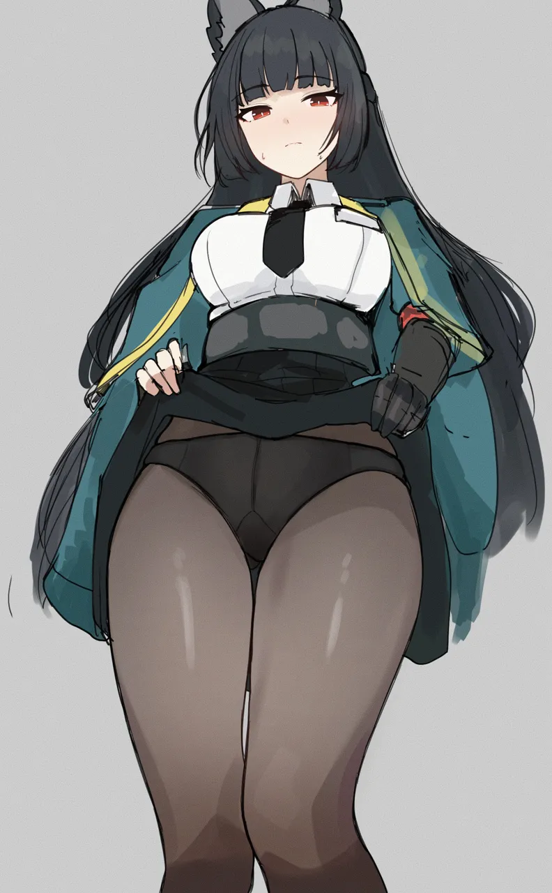 1girl animal_ear_fluff animal_ears black_hair black_necktie black_pantyhose black_skirt blunt_bangs closed_mouth clothes_lift cowboy_shot dress_shirt fingerless_gloves fox_ears fox_girl gauntlets gloves green_jacket grey_background gusset high_waist_skirt jacket lifting_own_clothes looking_at_viewer necktie pantyhose red_eyes shirt shirt_lift sidelocks simple_background single_fingerless_glove skirt skirt_lift solo sweatdrop white_shirt mini2chainz zenless_zone_zero hoshimi_miyabi__zenless_zone_zero