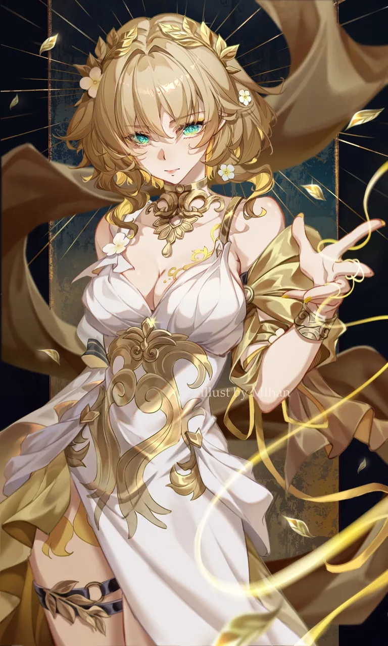 1girl armpit_crease artist_name bare_shoulders blonde_hair blunt_bangs breasts chest_tattoo cleavage closed_mouth collarbone colored_inner_hair cowboy_shot detached_collar dress eyeshadow fingernails flower greco_roman_clothes green_eyes hair_flower hair_ornament head_tilt headpiece large_breasts laurel_crown long_dress looking_at_viewer makeup multicolored_hair nail_polish pillarboxed short_hair side_slit solo tattoo wavy_hair white_dress white_flower yellow_eyeshadow yellow_nails mihan__mihan_art honkai__star_rail honkai__series aglaea__honkai__star_rail