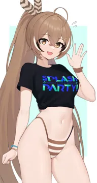 1girl ahoge bikini bikini_under_clothes black_shirt border bracelet breasts brown_eyes brown_hair cowboy_shot feather_hair_ornament feathers hair_ornament hairclip hand_up high_ponytail highleg highleg_bikini hololive hololive_english jewelry long_hair moursho nanashi_mumei navel no_pants open_mouth ponytail print_shirt shirt smile solo stomach striped_bikini striped_clothes swimsuit thighs tied_shirt very_long_hair virtual_youtuber white_border