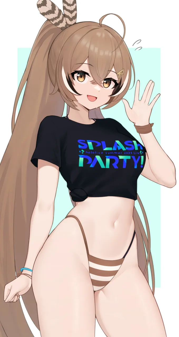 1girl ahoge bikini bikini_under_clothes black_shirt border bracelet breasts brown_eyes brown_hair cowboy_shot feather_hair_ornament feathers hair_ornament hairclip hand_up high_ponytail highleg highleg_bikini hololive hololive_english jewelry long_hair moursho nanashi_mumei navel no_pants open_mouth ponytail print_shirt shirt smile solo stomach striped_bikini striped_clothes swimsuit thighs tied_shirt very_long_hair virtual_youtuber white_border