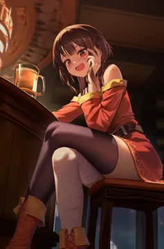 1girl bandaged_leg bandages bar__place bare_shoulders beer_mug black_hair black_thighhighs blush crossed_legs cup dress drinking_glass hair_between_eyes long_sleeves looking_at_viewer mug off_shoulder_dress off_shoulder on_chair open_mouth red_dress red_eyes short_hair short_hair_with_long_locks single_thighhigh smile solo thighhighs thighs xzu kono_subarashii megumin__kono_subarashii