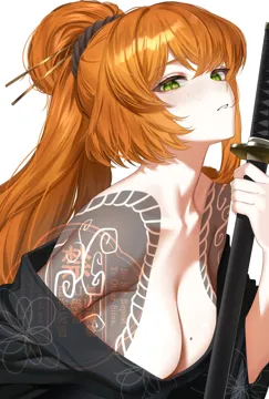 1girl bare_shoulders black_kimono breasts cleavage collarbone freckles green_eyes hair_ornament hair_stick holding holding_sword holding_weapon irezumi ishmael__project_moon japanese_clothes katana kimono kurokumo_clan__identity__project_moon large_breasts limbus_company long_hair looking_at_viewer mole mole_on_breast off_shoulder orange_hair parted_lips ponytail project_moon sayo__project_moon sheath sheathed shoulder_tattoo simple_background sohdvh_khos_ph solo sword tattoo weapon