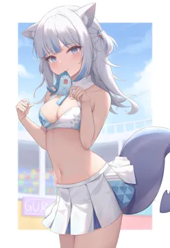 1girl alternate_breast_size animal_ear_fluff animal_ears bare_arms bare_shoulders bloop__gawr_gura blue_archive blue_eyes blue_hair blue_sky blunt_bangs border breasts cat_ears cheerleader cleavage_cutout clothing_cutout cloud cosplay crop_top day dchiang fins fish_tail gawr_gura grey_hair hair_ornament hand_up hibiki__blue_archive hibiki__blue_archive__cosplay hibiki__cheer_squad__blue_archive hololive hololive_english light_blush long_hair looking_at_viewer medium_breasts midriff millennium_cheerleader_outfit__blue_archive mouth_hold multicolored_hair navel outdoors outside_border petite shark_girl shark_hair_ornament shark_tail sidelocks skirt sky solo standing streaked_hair tail tearing_up two_side_up virtual_youtuber white_border white_skirt