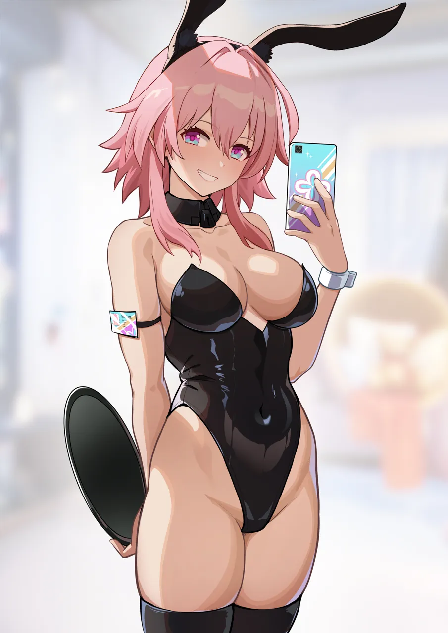 1girl alternate_costume black_leotard blue_eyes bonz__bonz0616 breasts cellphone detached_collar hand_up holding holding_phone holding_tray honkai__series honkai__star_rail leotard march_7th__honkai__star_rail multicolored_eyes phone pink_hair playboy_bunny red_eyes short_hair_with_long_locks smartphone smile solo teeth thighhighs tray wrist_cuffs