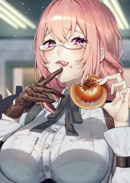 1girl black_ribbon blurry blurry_background blush bread breasts brown_gloves crumbs eating fluorescent_lamp food glasses gloves huge_breasts light_particles lips long_hair looking_at_viewer neck_ribbon pink_eyes pink_hair pink_lips ribbon semi_rimless_eyewear shirt single_glove smile solo tongue tongue_out under_rim_eyewear upper_body white_shirt fuli__narumiyafuri zenless_zone_zero tsukishiro_yanagi__zenless_zone_zero