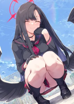 1girl black_choker black_gloves black_hair black_sailor_collar black_serafuku black_shoes black_skirt black_socks black_wings blue_archive blue_sky breast_rest breasts chain_link_fence cheek_rest choker closed_eyes closed_mouth cloud contrail day dutch_angle facing_viewer fence from_below full_body gloves hair_ornament hairclip half_gloves halo hand_on_own_knee ichika__blue_archive kneehighs loafers long_hair long_sleeves low_wings medium_breasts miniskirt neckerchief ohland outdoors panties pantyshot pleated_skirt red_neckerchief sailor_collar school_uniform serafuku shoes skirt sky smile socks solo squatting swept_bangs thighs two_tone_shirt two_tone_skirt underwear white_panties wings
