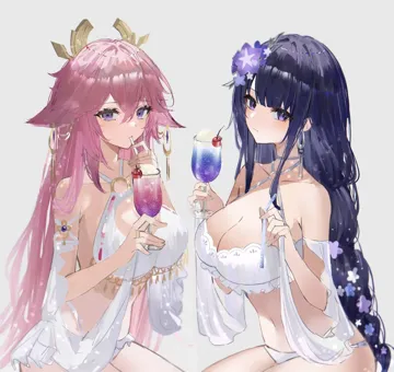 2girls alternate_costume animal_ears bikini blunt_bangs braid breasts cherry cleavage closed_mouth cup detached_sleeves drink drinking drinking_straw drinking_straw_in_mouth earrings floppy_ears flower food fox_ears frills from_side fruit genshin_impact grey_background hair_between_eyes hair_flaps hair_flower hair_ornament halterneck holding holding_cup holding_drink holding_drinking_straw holding_straw ice_cream ice_cream_float jewelry large_breasts long_hair looking_at_viewer low_braided_long_hair low_tied_long_hair midriff multiple_girls o_ring o_ring_bikini pink_hair purple_eyes purple_hair raiden_shogun raiya_atelier ring sidelocks simple_background swimsuit white_bikini yae_miko