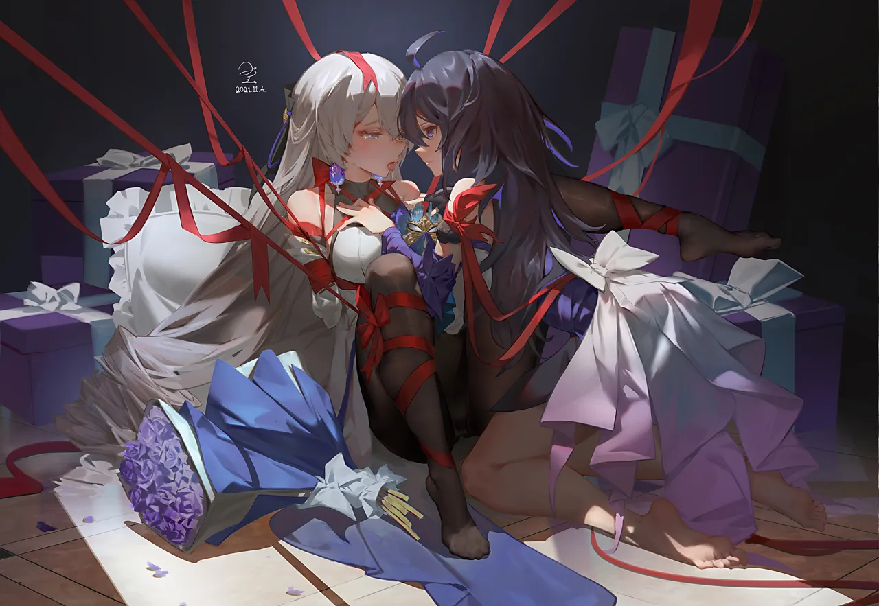 2girls ahoge bare_legs bare_shoulders barefoot black_hair black_pantyhose bound bouquet box breasts dated detached_sleeves dress feet flower gift gift_box grey_eyes hair_between_eyes kneehighs large_breasts long_hair long_sleeves looking_at_another looking_at_viewer multiple_girls no_shoes pantyhose pillow purple_dress purple_eyes purple_flower purple_hair purple_rose red_ribbon restrained ribbon ribbon_bondage rose saliva saliva_trail signature simple_background sitting sleeveless sleeveless_dress socks soles striped toes tongue tongue_out very_long_hair white_dress yuri ribao honkai__star_rail honkai__series bronya_rand seele__honkai__star_rail