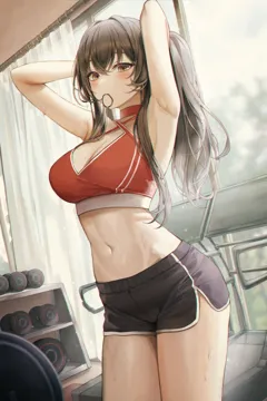 1girl armpits arms_behind_head arms_up bare_arms black_shorts breasts brown_eyes brown_hair cleavage cowboy_shot dolphin_shorts dumbbell hair_between_eyes hair_ornament hair_tie_in_mouth indoors large_breasts long_hair looking_at_viewer meoyo mouth_hold navel orange_sports_bra ponytail shorts solo sports_bra standing strap_gap sweat treadmill tying_hair