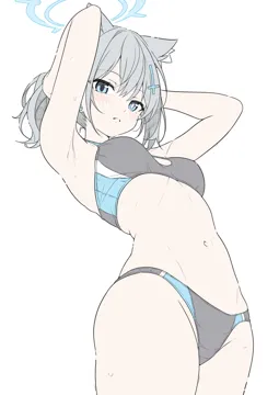 1girl adjusting_hair alternate_costume animal_ear_fluff animal_ears armpits arms_behind_head arms_up black_panties black_sports_bra blue_archive blue_eyes blue_halo breasts bright_pupils cowboy_shot cross cross_hair_ornament from_below hair_ornament halo inverted_cross looking_at_viewer medium_breasts mismatched_pupils multicolored_panties multicolored_sports_bra navel official_alternate_hairstyle panties shiroko__blue_archive simple_background solo sports_bra stomach t1kosewad underwear white_background white_pupils wolf_ears wolf_girl