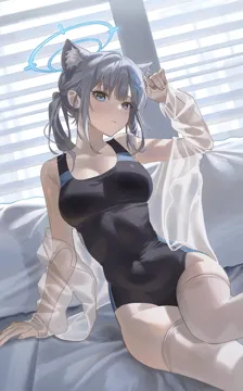 1girl animal_ear_fluff animal_ears arm_support backlighting bed bed_sheet black_one_piece_swimsuit blue_archive blue_eyes blunt_bangs blush breasts closed_mouth collarbone competition_swimsuit couch covered_navel cross cross_hair_ornament curled_fingers dutch_angle earrings expressionless extra_ears feet_out_of_frame frown grey_hair groin hair_ornament hairclip halo hand_up head_tilt highleg highleg_one_piece_swimsuit hy__hem_oo indoors inverted_cross jewelry leaning_to_the_side light_blush long_sleeves looking_at_viewer medium_breasts medium_hair mismatched_pupils narrow_waist official_alternate_costume on_couch one_piece_swimsuit open_clothes open_shirt pale_skin pillow ponytail see_through_clothes see_through_shirt shiroko__blue_archive shiroko__swimsuit__blue_archive shirt sidelocks sitting skindentation sleeves_past_wrists solo straight_hair stud_earrings swimsuit swimsuit_under_clothes taut_clothes thighhighs white_shirt window window_blinds wolf_ears