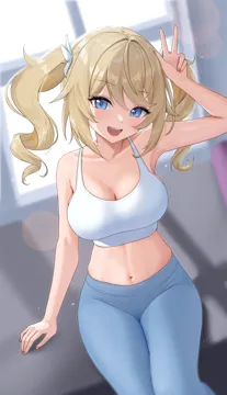 1girl arm_up bare_arms bare_shoulders blonde_hair blue_eyes blue_pants blush breasts cleavage collarbone crop_top day drill_hair hair_ornament indoors large_breasts long_hair looking_at_viewer midriff navel open_mouth pants sitting smile solo sports_bra stomach tight_bottoms twin_drills twintails white_sports_bra yoga_pants nasol genshin_impact barbara__genshin_impact