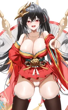 1girl ahoge azur_lane bare_shoulders black_hair black_thighhighs breasts cleavage collarbone hair_between_eyes hair_ornament japanese_clothes kimono large_breasts long_hair looking_at_viewer micro_panties open_mouth panties red_eyes red_kimono samart short_kimono side_tie_panties simple_background smile solo standing taihou__azur_lane teeth thick_thighs thighhighs thighs twintails underwear upper_teeth_only white_background white_panties wide_sleeves